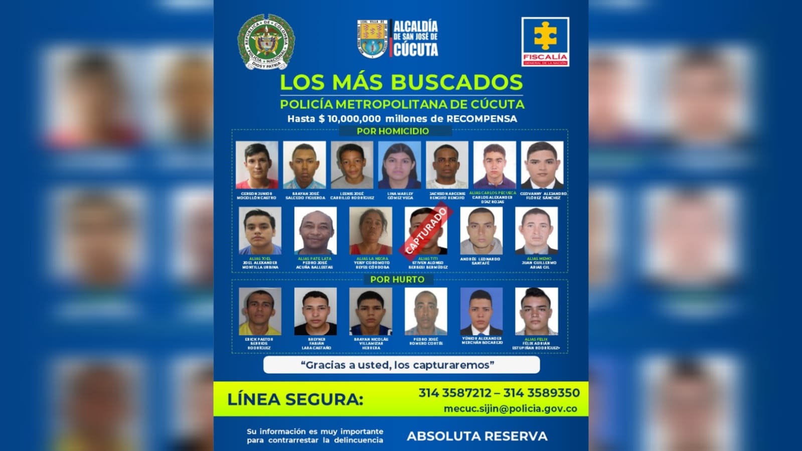 Estos son los 18 más buscados por homicidio y hurto en Cúcuta